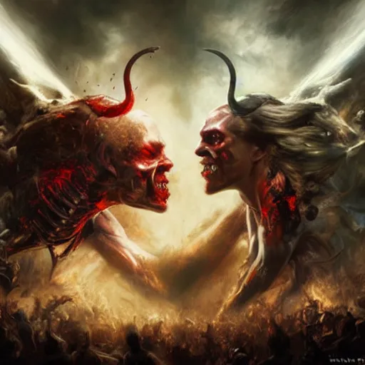 Image similar to the final battle between heaven and hell by raymond swanland, highly detailed