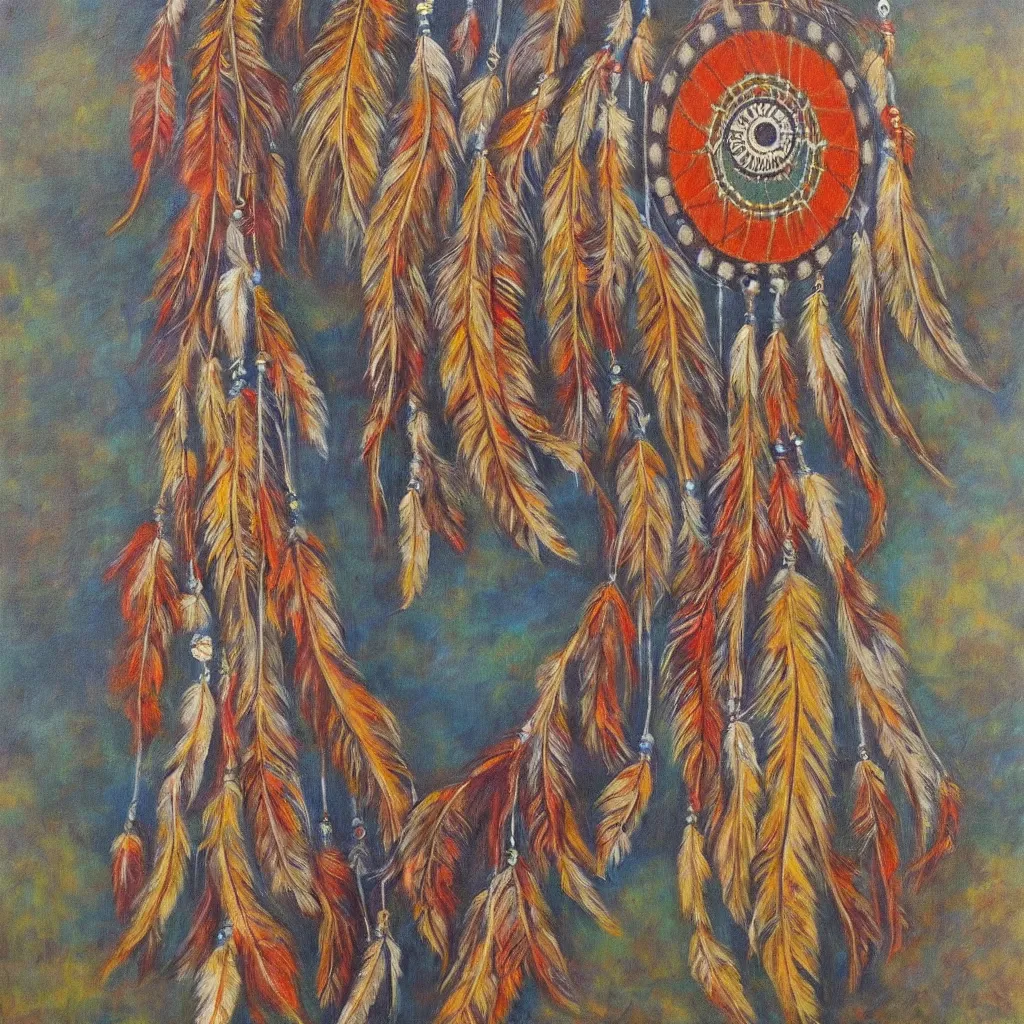 Image similar to dreamcatcher, native american art, peaceful, countryside, realistic, oil painting