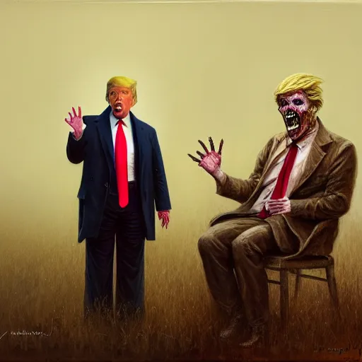 Image similar to portrait of donald j. trump as a zombie being interviewed, 7 days to die zombie, fine art, soft light from the side, award winning, subtle earthy tones, intricate, elegant, sharp focus, cinematic lighting, digital painting, 8 k concept art, art by michael hussar, art by brom, art by z. w. gu, 8 k