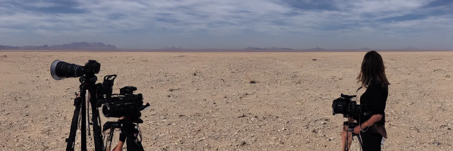 Image similar to a photo taken by someone who doesn\'t know how to use a camera, where the desert meets the shore, she looks into the camera with a desperate stare, overlooking a futuristic ruined city vista