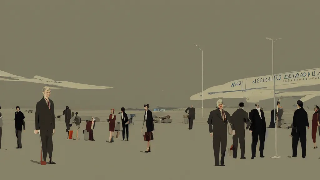 Prompt: A meeting at the airport, in the style of David Lynch, by Wes Anderson, concept art, artstation