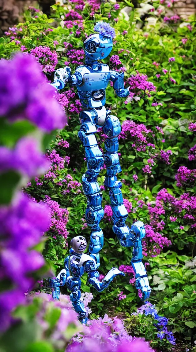 Image similar to toy humanoid robot in a garden, hyper detailed, sharp focus, bokeh, unreal engine, ray tracing, cute, fantasy, sci fi, purple flowers, blue flowers, violet flowers, glowing flowers, tiny, small, hyper realistic, sky