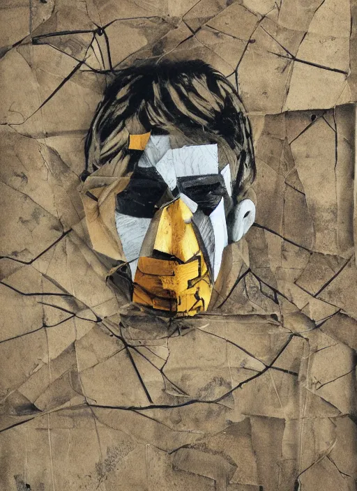 Image similar to a man with a moth mask, cardboard and scotch tape, chain, collage, acrylic on canvas, expressionism movement, breathtaking detailed, by blake neubert