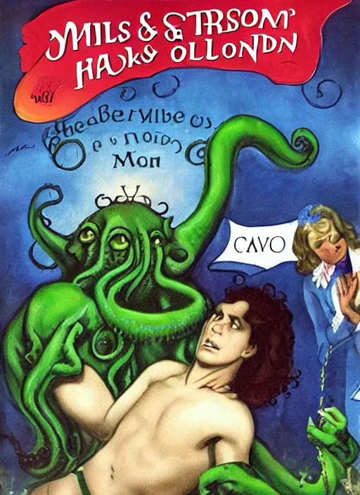 Image similar to mills and boon romance novel cover with cthulhu and fabio
