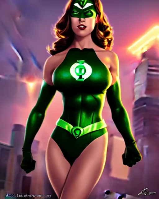 Image similar to pinup photo of female green lantern from justice league in the crowded square of the city, asuna by a - 1 pictures, by by greg rutkowski, artgerm, gil elvgren, enoch bolles, glossy skin, pearlescent, anime, very coherent, sao style anime, flat