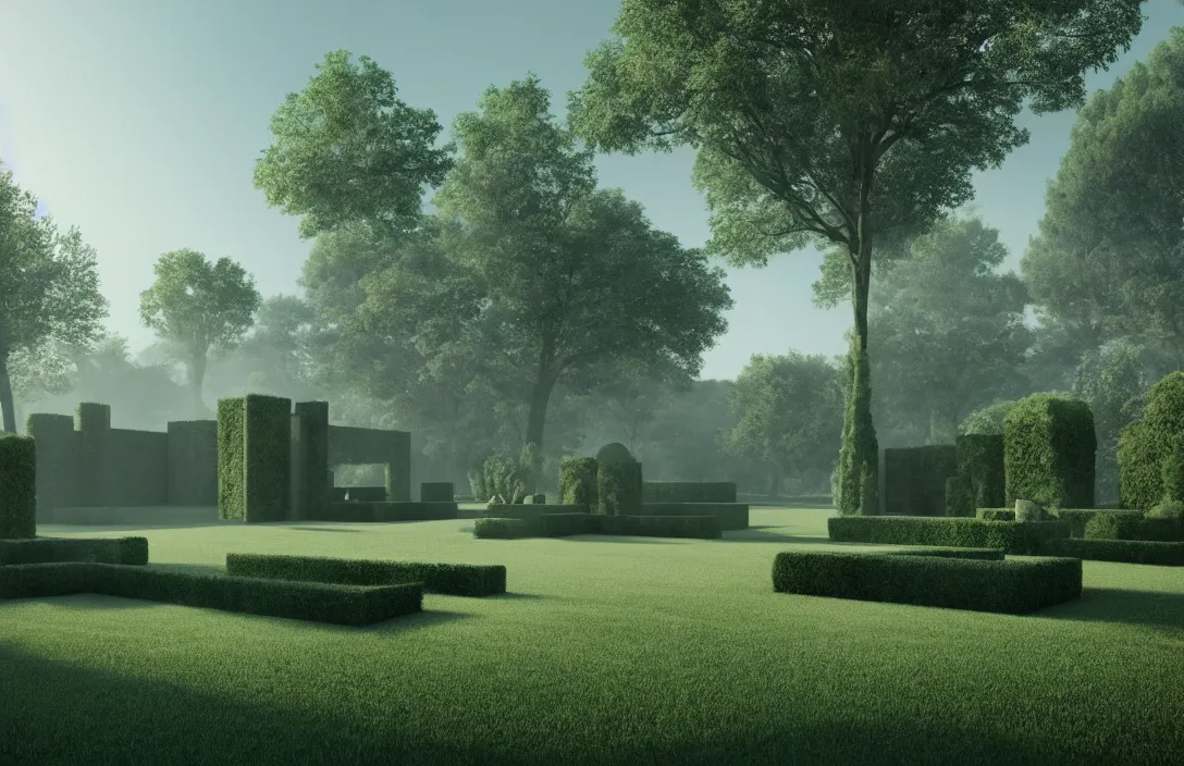 Prompt: form has depth as well as width and height. three - dimensional form is the basis royal garden design by andre le notre umbrian hills dissolving into mist under a limpid blue sky implicit link is made between render by gregory crewdson