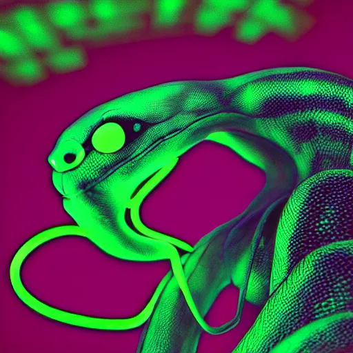 Image similar to green snake head in hoodie, portrait, vaporwave, synthwave, neon, vector graphics, cinematic, volumetric lighting, f 8 aperture, cinematic eastman 5 3 8 4 film