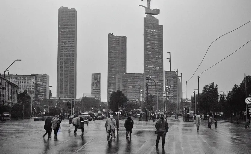 Image similar to 70s movie still of a soviet street with pedestrians with soviet high rise in the backround , Cinestill 800t 18mm beuatiful black and white, heavy grainy picture, very detailed, high quality, 4k panoramic, dramatic lightning, neon billboards and streetlight at night, rain, mud, foggy, big sculpture of Lenin on a square