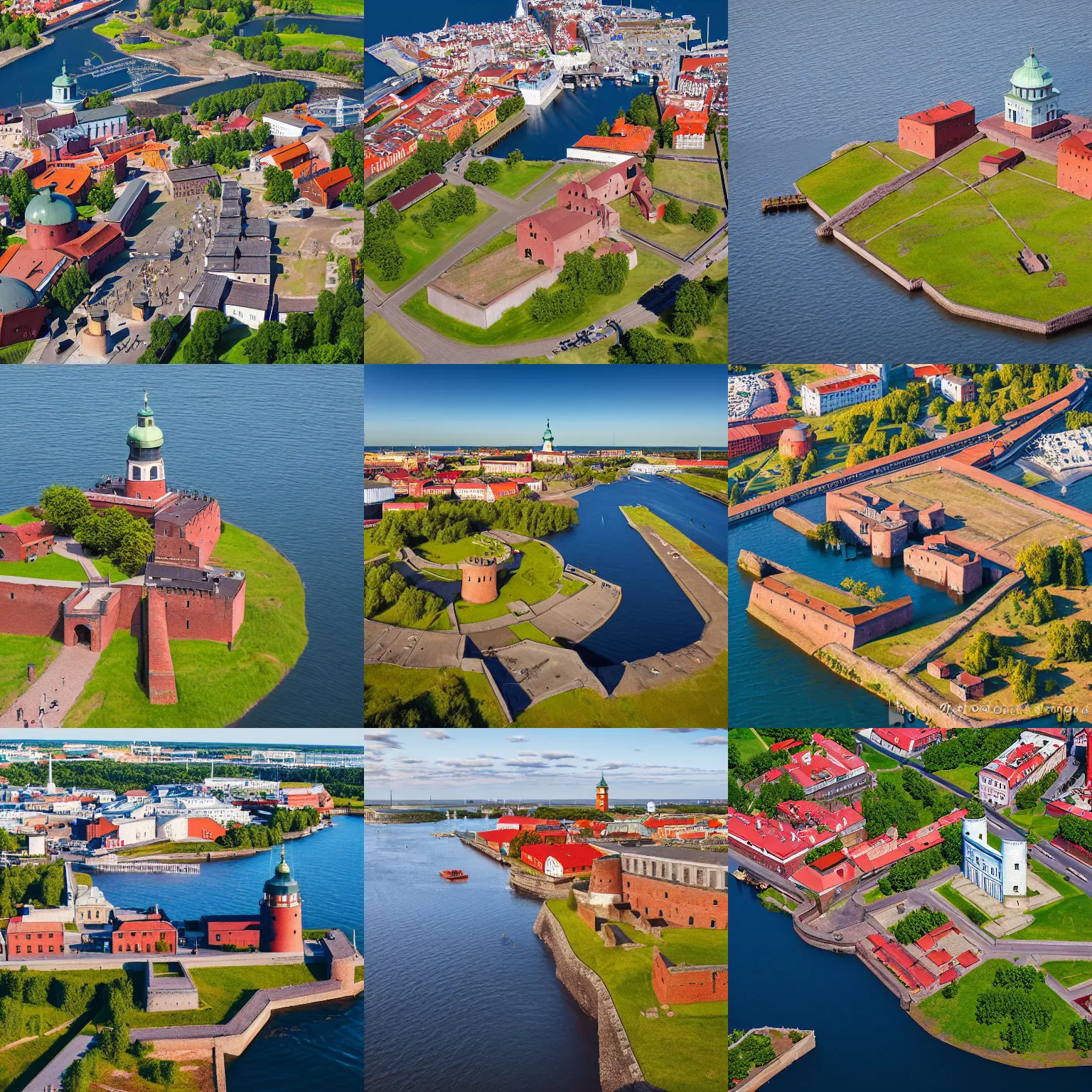 Prompt: suomenlinna fortress, helsinki, finland, aerial photograph, hyper realistic, medieval painting, skyscrapers, futuristic, cyberpunk