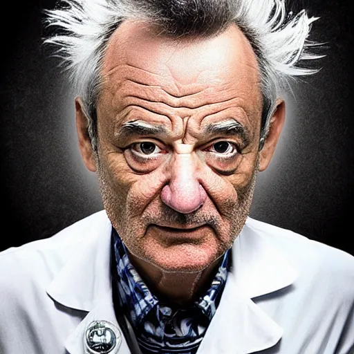 Image similar to !dream the roll of Rick Sanchez will be played by Bill Murray, spikey hair, white lab coat, photography