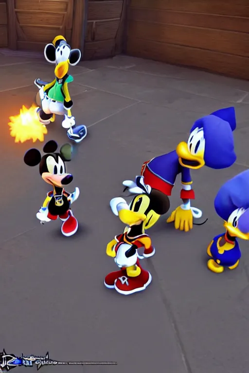 Image similar to screenshot of kingdom hearts 3, Disney and final fantasy crossover, donald duck and goofy npc characters, Kingdom hearts styled gameplay, unreal engine 4, kingdom hearts 3, kingdom hearts, cartoony lighting, disneyworld at kingdom hearts, Disney inspired setting with Sora and Donald in the scene, image of an action adventure rpg, magical fantasy l, artstationHD, stunning pixar graphics, rtx on, sharp focus