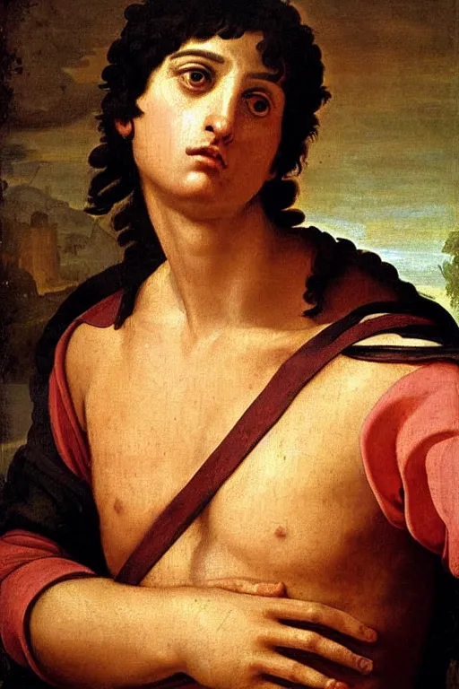 Image similar to renaissance painting of man, short black hair, pleading face, tears dripping from the eyes, emotions closeup, dressed in roman armour, the beautiful garden, ultra detailed, art by Guido Reni style, Vincenzo Catena style