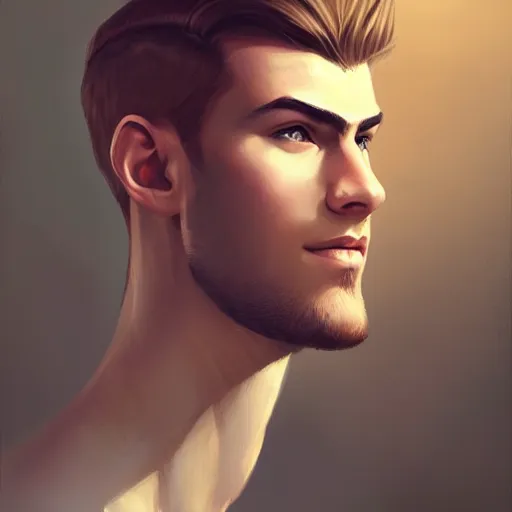 Image similar to tall chunky man in his twenties with brown blond short regular haircut and round facial structure with cleft chin, straight eyebrows, slightly smiling, cheekbones, straight nose, wider face, shadow of beard, atmospheric lighting, painted, intricate, 4 k, highly detailed by charlie bowater