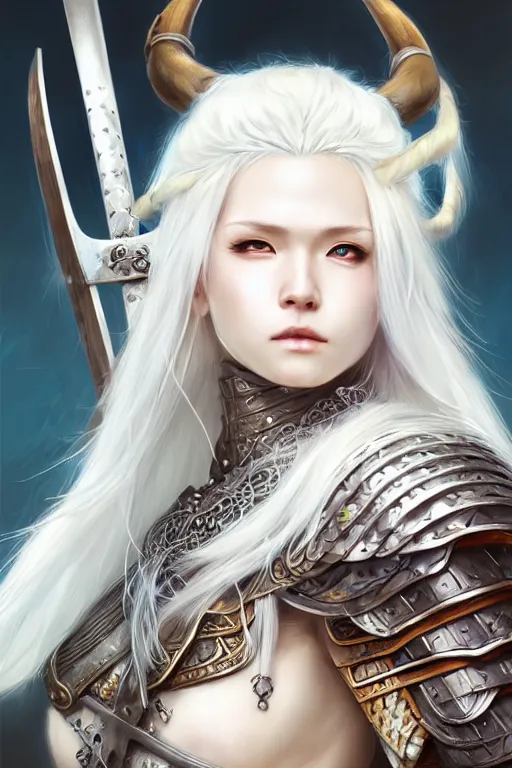 Image similar to A realistic anime portrait of a beautiful white haired female barbarian wearing an intricate viking armor, digital painting, by Stanley Artgerm Lau, Sakimichan, WLOP and Rossdraws, digital painting, painterly, Pixiv, Deviantart, golden ratio, rule of thirds, good composition, HD, 8k, award winning, promo art, splash art, rpg, jrpg, dungeons and dragons, DND, trending on ArtStation