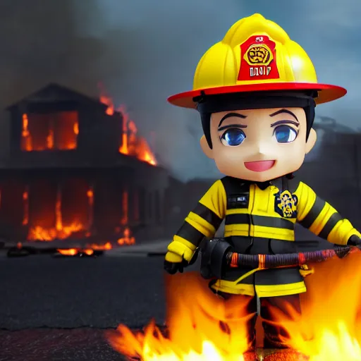 Image similar to dirty heroic firefighter in action as nendoroid in black and yellow uniform, with fire flames and ruined building in background, sharp details, sharp focus, anime, disney, pixar, 8 k, hd, dof, kodak film, volumetric lighting, subsurface scattering, photorealistic, octane render, details