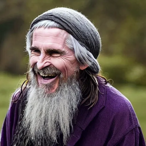Image similar to christian bale as an old druid wizard, bald, bushy grey eyebrows, long grey hair, disheveled, wise old man, wearing a grey wizard hat, wearing a purple detailed coat, a bushy grey beard, sorcerer, he is a mad old man, laughing and yelling