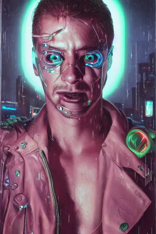 Image similar to detailed portrait of a cyberpunk male with face augmentations, strong neon lighting, raining, mysterious, mirror shades, by glenn fabry, hyper realistic, HD, oil on canvas