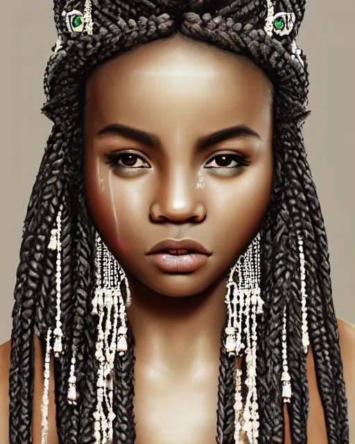 Prompt: Intricate three-quarter view portrait of a gorgeous dark skinned goddess with decorated braided hair and crystals on her cheeks and forehead, by wlop and Ross Tran and sam yang and mandy jurgens and viktoria gavrilenko, identical eyes, gazing eyes, stunning, gorgeous, beautiful eyes medium shot, elegant pose, fantasy, featured on artstation, cinematic lighting, hyperdetailed, cgsociety, 8k, golden ratio, vfx, dramatic, alluring