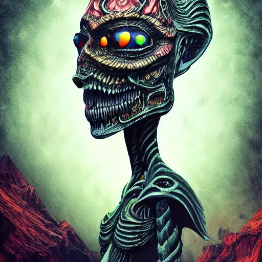 Prompt: dark fantasy, 4 k, textured 3 d, intense detail, dark psychedelic, hideous one eyed monster, amazing background, alex grey style