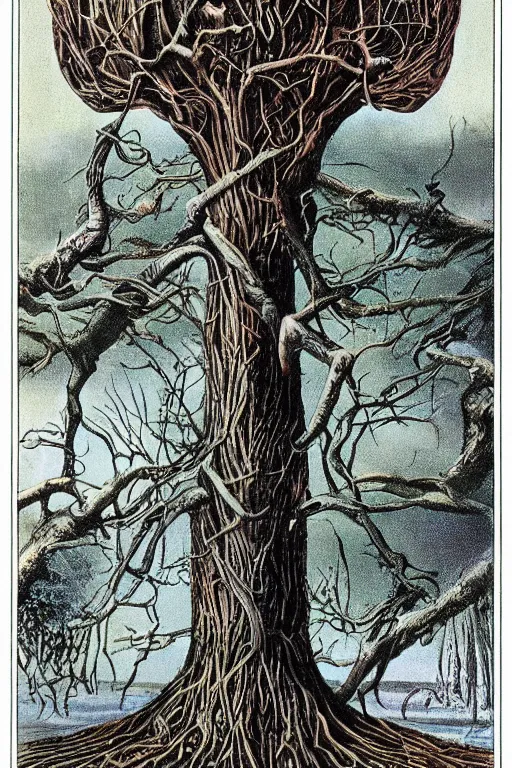 Image similar to vintage magazine advertisement depicting all of the knowledge in the world as a tree, by hr giger