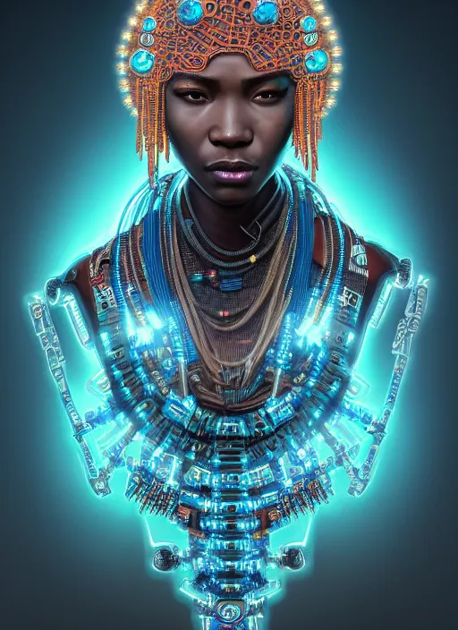 Image similar to portrait of a cyberpunk machine, machine face, upper half portrait, decorated with beads, african man, cyan spike aura, traditional chinese art, intricate, elegant, highly detailed, headpiece, digital painting, artstation, concept art, smooth, sharp focus, illustration, art by artgerm and greg rutkowski and alphonse mucha, 8 k