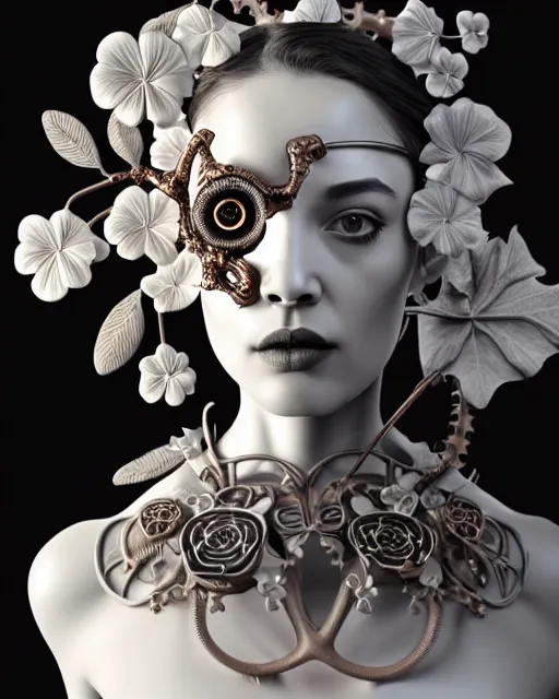 Image similar to monochrome 3 d model, steampunk biomechanical beautiful young female cyborg with porcelain profile face and a big floral eye, volumetric light, leaves foliage and stems, hibiscus flowers, boho floral vines, sinuous fine roots, fine foliage lace, alexander mcqueen, rim light, big gothic fashion pearl embroidered collar, octane render, 8 k