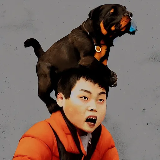 Image similar to chinese boy riding on top of a rottweiler, digital painting