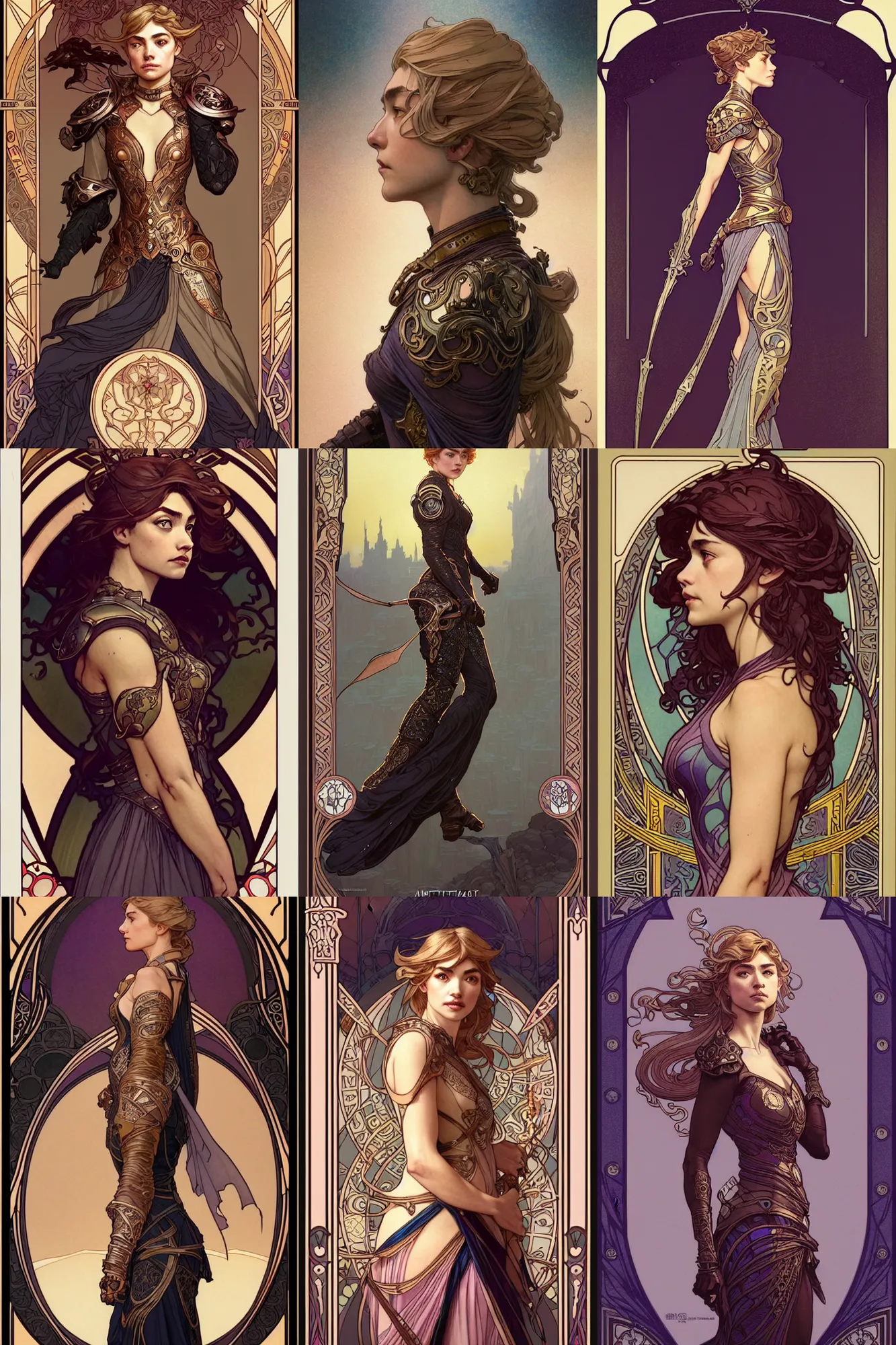 Prompt: full - body side profile portrait, imogen poots paladin, by artgerm, cushart krenz, greg rutkowski. art nouveau tarot card by mucha. gloomhaven. swirly intricate tarot stained glass linework background. gaudy colors, sharp edges. ultra clear detailed. 8 k. elegant. octane render