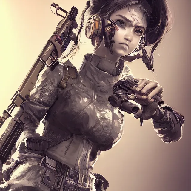 Image similar to the portrait of lawful neutral female cyberpunk marine sniper as absurdly beautiful, gorgeous, elegant, young gravure idol, an ultrafine hyperdetailed illustration by kim jung gi, irakli nadar, intricate linework, bright colors, octopath traveler, final fantasy, unreal engine 5 highly rendered, global illumination, radiant light, detailed and intricate environment