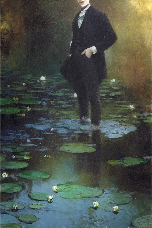 Image similar to detailed cinematic moody colors studio portrait of a young victorian gentleman in a beautiful victorian water pond, water lilies, high quality by jeremy mann, only one head single portrait