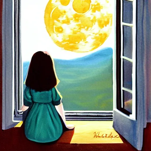 Prompt: painting of brunette girl looking out the window at the moon, love