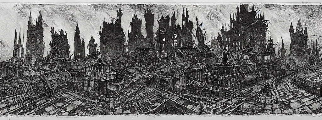 Image similar to the alchemical art of etching by master anders zorn. a lovecraftian horror destroying a city. ink highly detailed lines