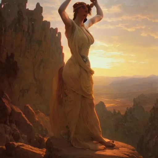 Image similar to an ultradetailed matte landscape painting of mountain sized sculpture of a beautiful and elegant woman, sunrise on the horizon in the background, stone hand raised up, 8 k, art by greg rutkowski and alphonse mucha and andreas rocha and albert bierstadt