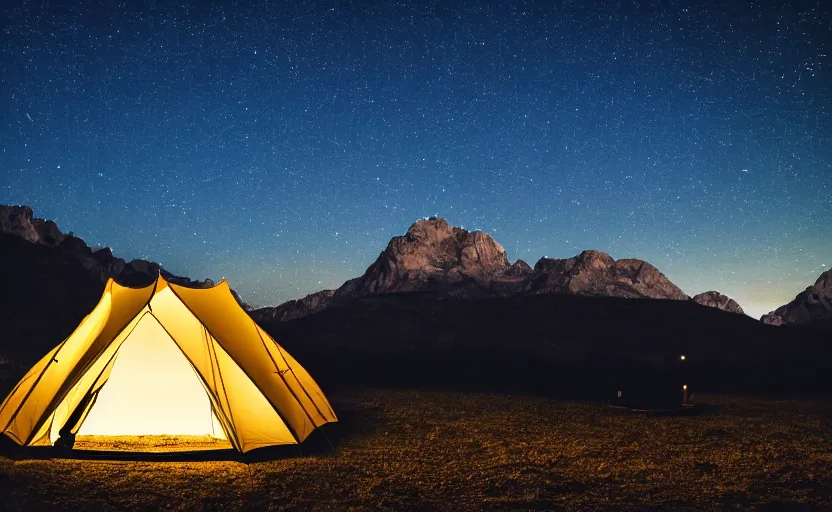 Image similar to night photography of a tent and fireplace with mountains in the background