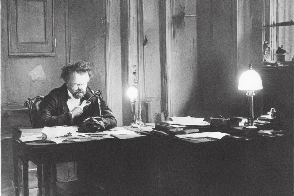 Image similar to august strindberg writing alone at a secretary desk in a small viennese apartment, night time, alone, lamplight, victorian era, depth of field, very detailed, highly accurate, intricate