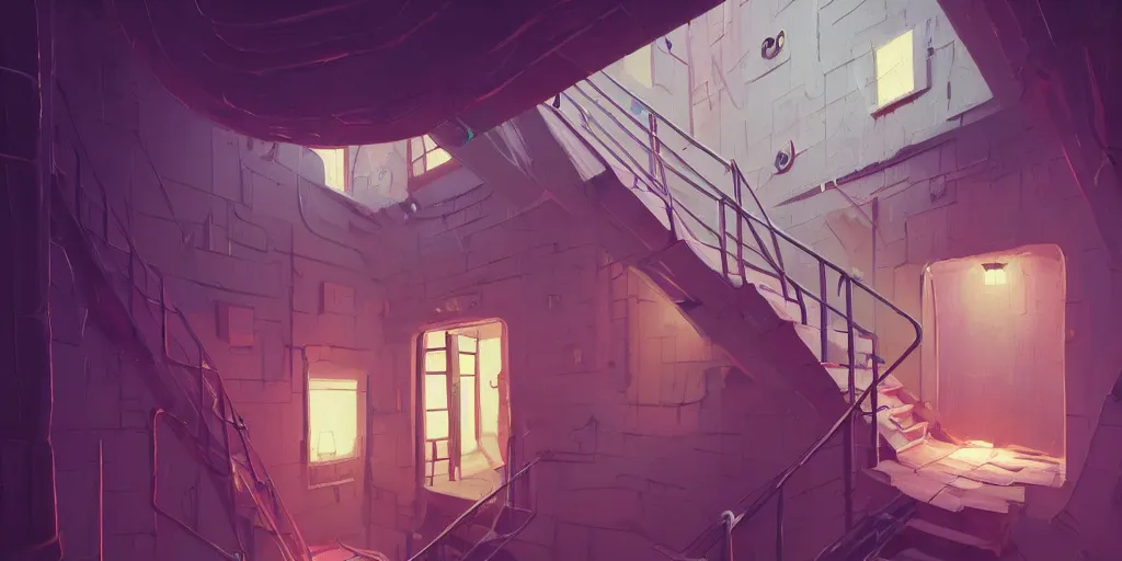 Image similar to look down a cellar staircase, neon lights by Goro Fujita and Simon Stalenhag and Kandinsky and Magritte, 8k, trending on artstation, hyper detailed, cinematic