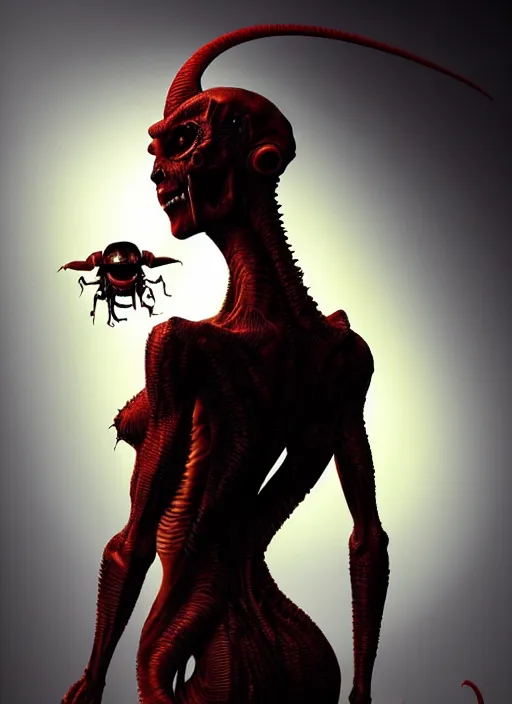 Image similar to ultra realist horror painting of a dimly back lit attractive alien female and hellish creature together, very intricate details, focus, curvy figure, model pose, full frame image, artstyle hiraku tanaka and craig mullins, award winning