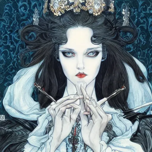 Prompt: elegant vampires, long hair, baroque, fancy clothing, striking beauty, extremely detailed, by ayami kojima