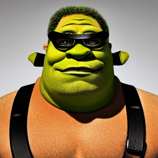 Prompt: Muscular Shrek with a handlebar mustache, goggles, a biker hat, and wearing a sleeveless ripped black leather jacket, portrait, digital art, trending on artstation, very detailed, highly detailed, HD quality, 8k resolution