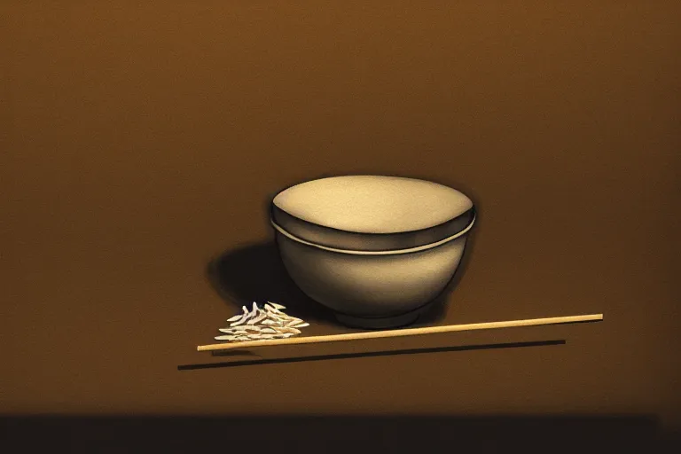 Image similar to an empty bowl with a few rice grains and broken chinese chopsticks, on a dirty table in poor apartments, running rat, dark atmosphere, digital art, trending on artstation