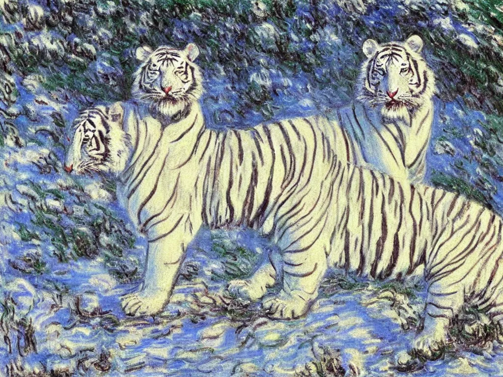 Prompt: a white tiger on a snowy mountain, painted by monet