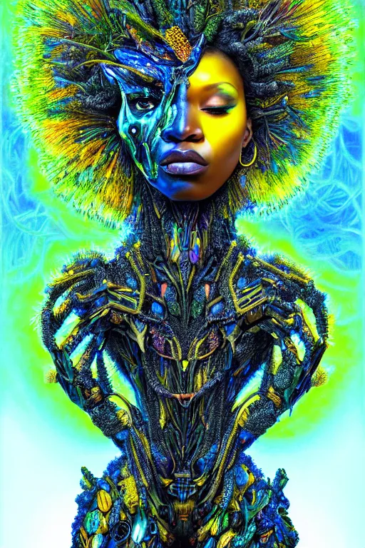 Image similar to hyperrealistic post-maximalist super expressive! black woman with exoskeleton armor, merging with tree in a forest, highly detailed digital art masterpiece smooth cam de leon hannah yata dramatic pearlescent blue yellow light ground angle hd 8k sharp focus