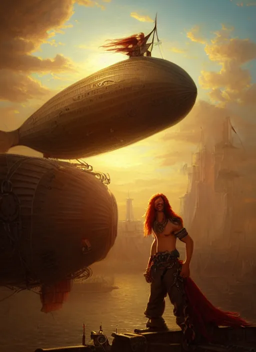 Image similar to portrait painting of a handsome rugged long hair crimson hair male pirate, top half portrait soft hair steampunk ornate zeppelin blimp airship in the background sky sunset golden hour art by raphael lacoste and stephan martiniere greg rutkowski gaston bussiere fantasy soft hair trending on artstation deviantart book cover art dramatic volumetric lighting, 4 k, award winning