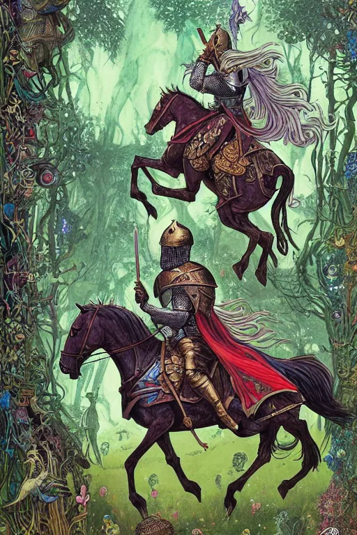 Image similar to medieval knight riding a horse in a magic kingdom overgrown by moss and plants, shiny armor, enchanted forest with flying faires, wizards and magic mushrooms in the background, illustrated by james jean, very detailed and colorful, comicbook cover