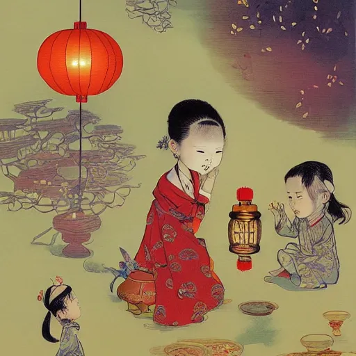Prompt: chinese mid autumn festival, young child playing with a lantern while their parents enjoy a glass of wine, by joe fenton and mark rothko, victo ngai, ruan jia, liuyuan lange