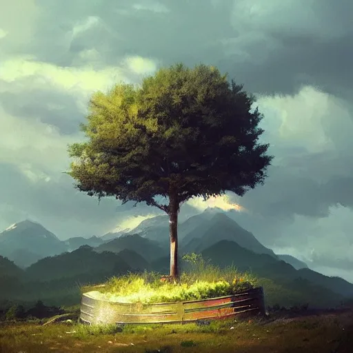 Prompt: low angle shot of a tree growing inside a trash - can in the foreground. overgrown. soft night - time over the mountains in the background. clouds. highly detailed, cinematic, beautiful, cgsociety, artstation, oil painting by greg rutkowski, by artgerm, by wlop