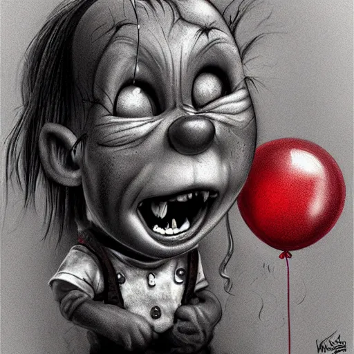 Image similar to surrealism grunge cartoon portrait sketch of chucky with a wide smile and a red balloon by - michael karcz, loony toons style, my little pony style, horror theme, detailed, elegant, intricate