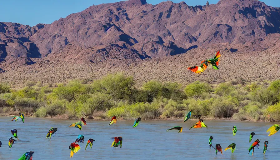 Prompt: a desert, river with low flying parrots, great photography, ambient light