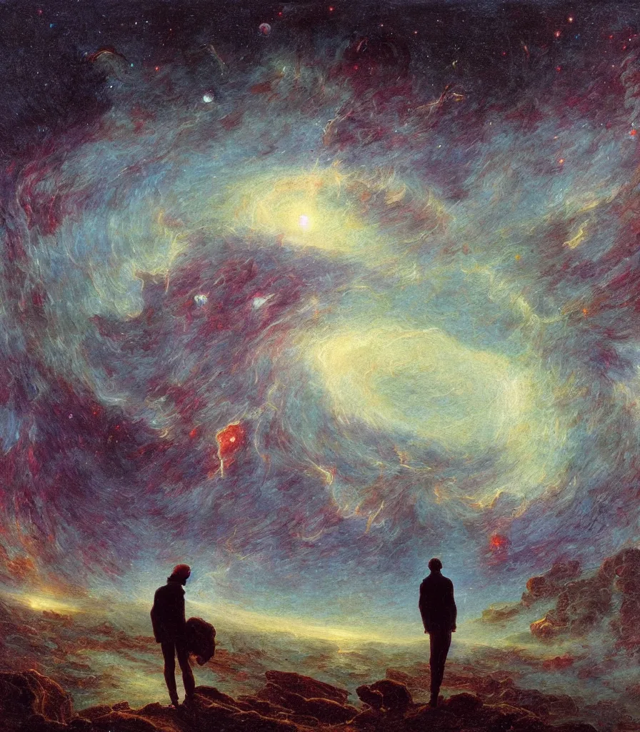 Image similar to an impasto oil painting of a futuristic wanderer gazing into a misty universe full of mystical colorful light nebulae and galaxie spainted by caspar david friedrich, light colors, impressionism