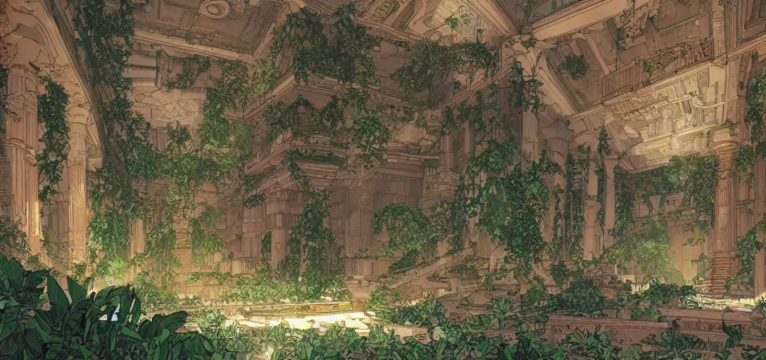 Image similar to Interior of Greek temple with hanging gardens in the graphic style of Patrick Gleason and SANA TAKEDA, detailed art, trending on Artstation, sharp focus, Beautiful comic art